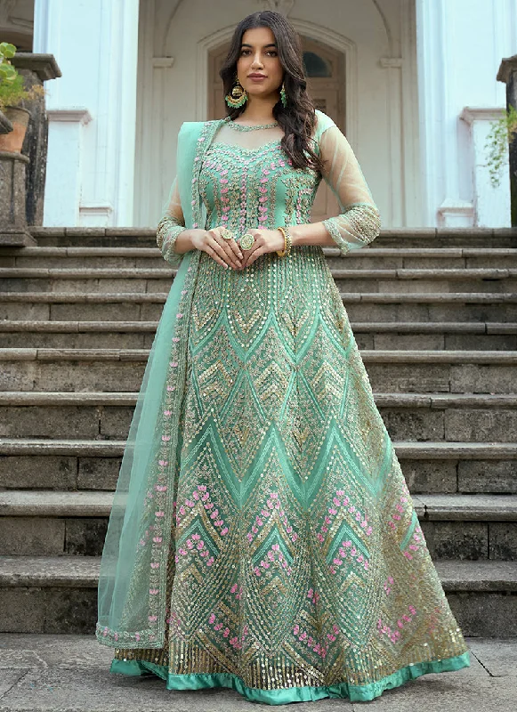 Teal Blue Multi Embroidery Traditional Anarkali Suit