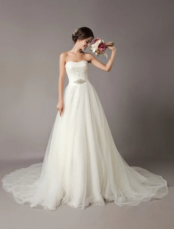 Wedding Dresses Ivory Strapless Lace Beaded Chapel Train Bridal Gowns