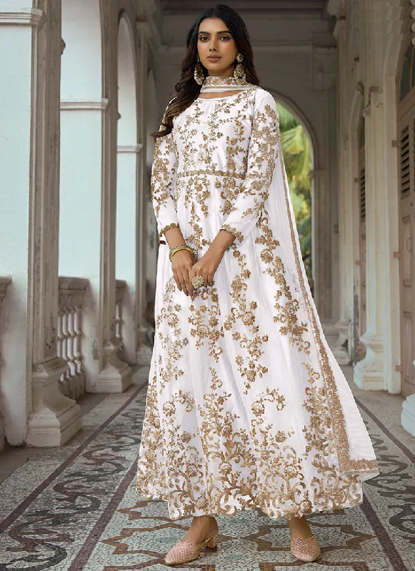 White Golden Embroidery Traditional Anarkali Suit