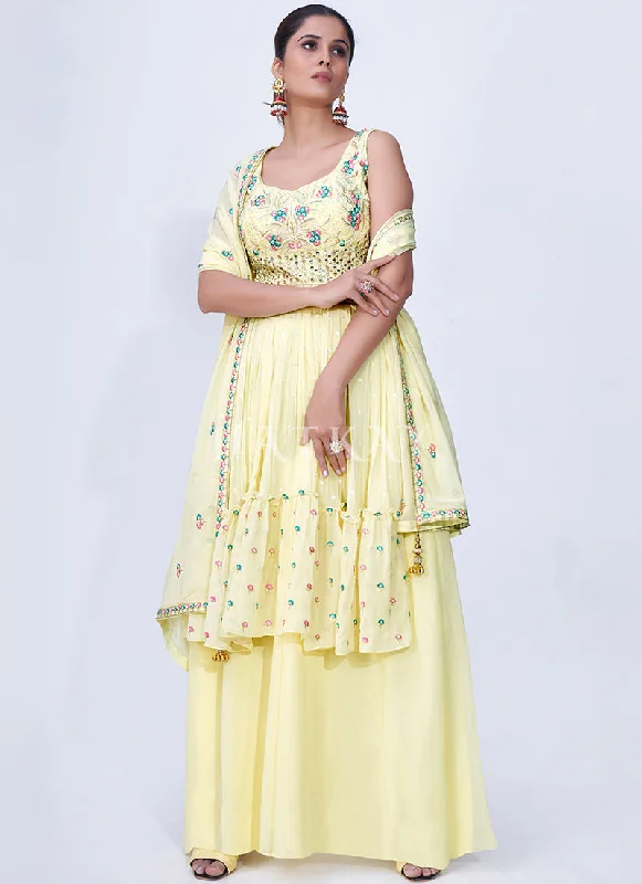 Yellow Mirror Work Multi Embroidery Chiffon Palazzo Suit