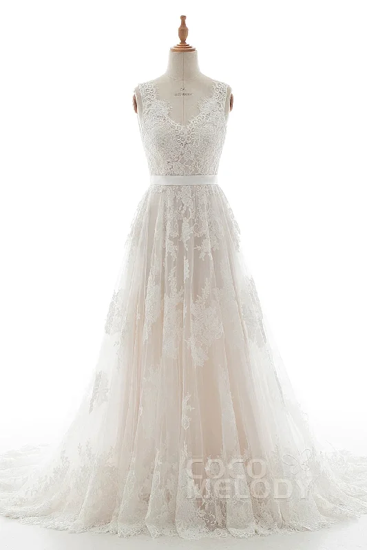 A-Line Court Train Tulle Lace and Satin Wedding Dress LD5039