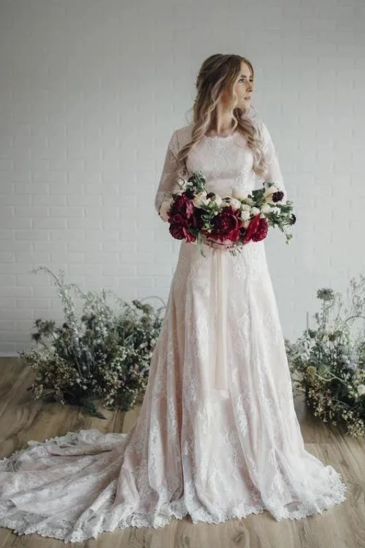 A Line Long Sleeve Lace Vintage Wedding Dress