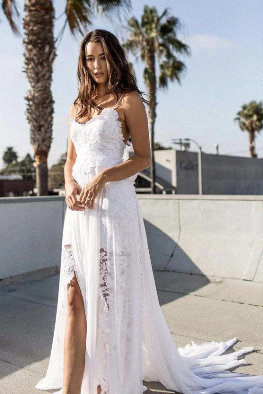 Bohemian Cheap Spaghetti Straps Long Beach Wedding Dress