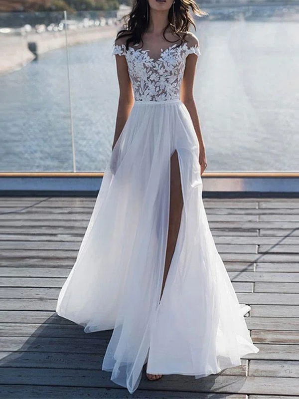 Boho Wedding Dresses 2021 Lace Off The Shoulder Short Sleeve Floor Length Split Front Bridal Dress With Train