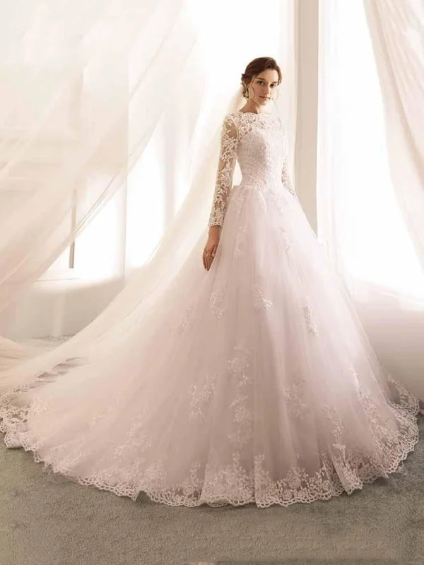 Long Sleeves Lace Tulle Aline Wedding Dresses