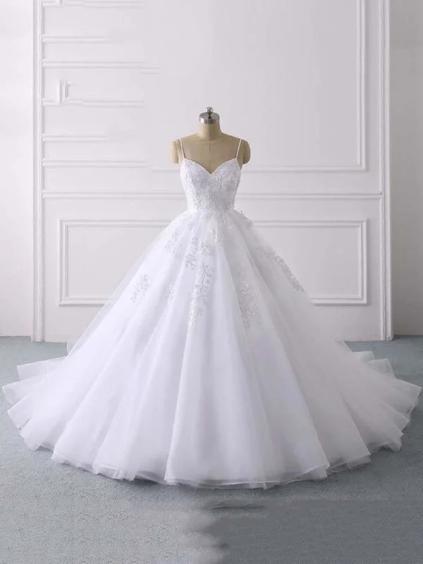 Spaghetti Straps Lace Tulle Ruffles Wedding Dresses