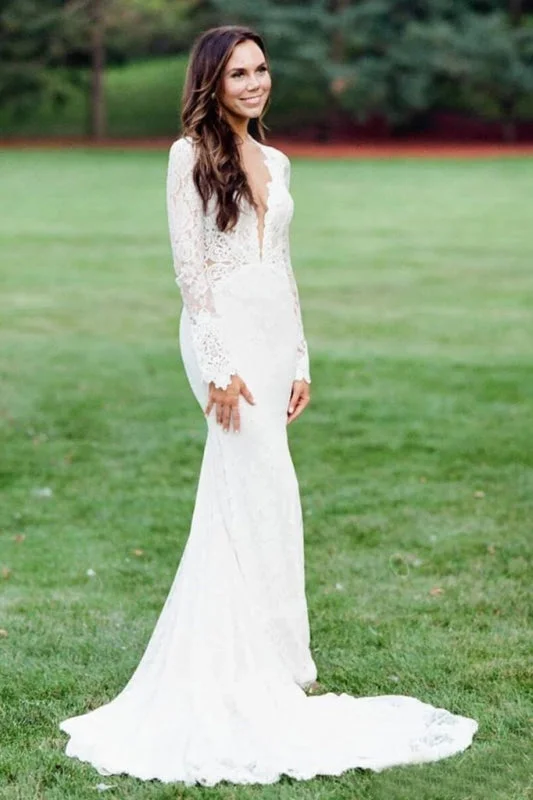 Elegant Mermaid Backless Long Sleeve Lace Wedding Dress