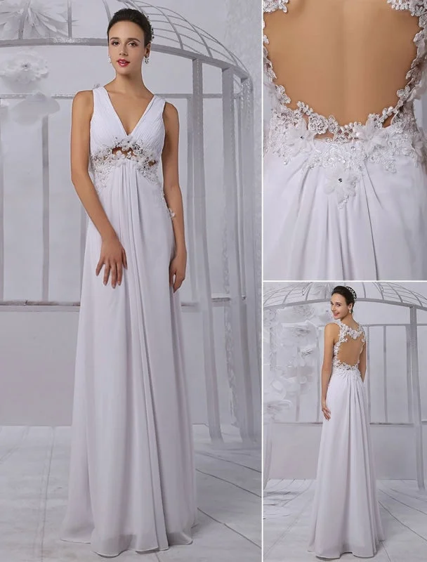 Empire Chiffon V-Neck Illusion Back Wedding Dress With Floral Applique Exclusive