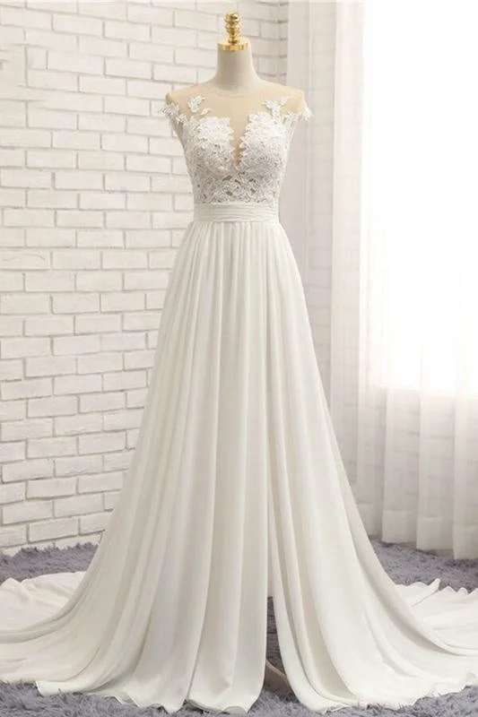 Bridelily Front Slit Appliques Chiffon A-line Wedding Dress