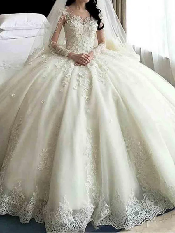 Glamorous Long Sleeves Lace Beaded Ball Gown Wedding Dresses