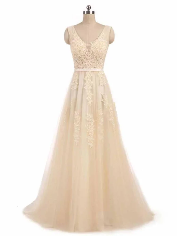 Glamorous V-Neck Lace Ribbon A-line Wedding Dresses