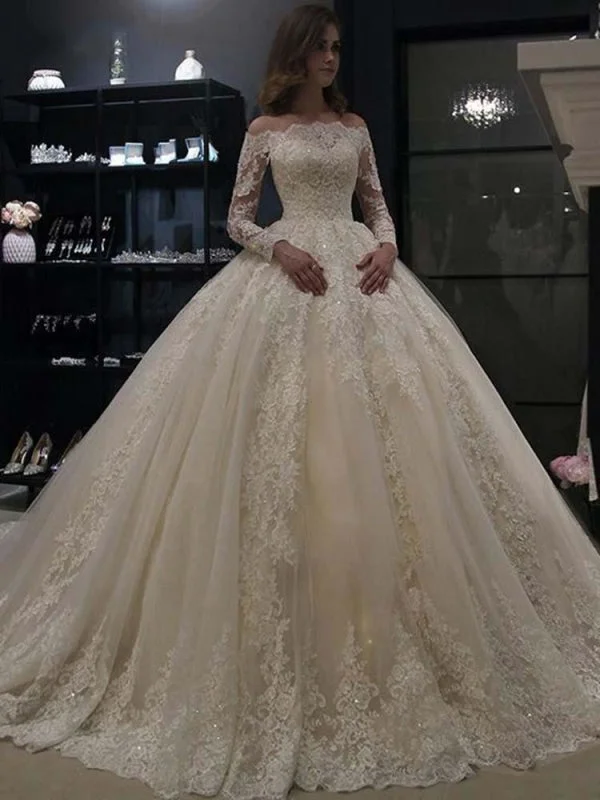 Gorgeous Long Sleeves Lace Ball Gown Wedding Dresses