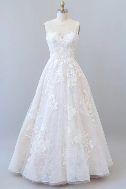 Illusion Appliques Tulle A-line Wedding Dress