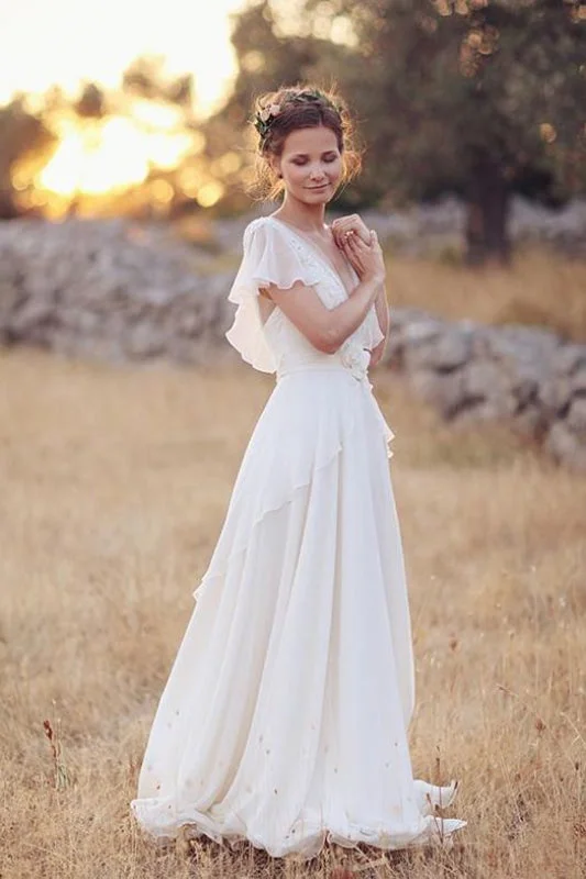 Ivory V Neck Chiffon Boho Unique Cap Sleeves Beach Wedding Dress