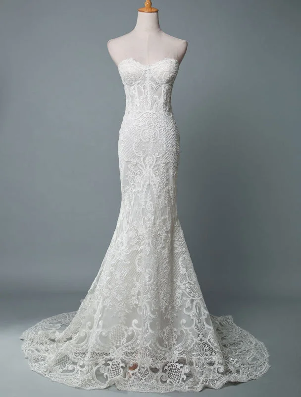 Lace Wedding Dress Mermaid Sweetheart Strapless Sleeveless Floor Length With Train Bridal Dresses