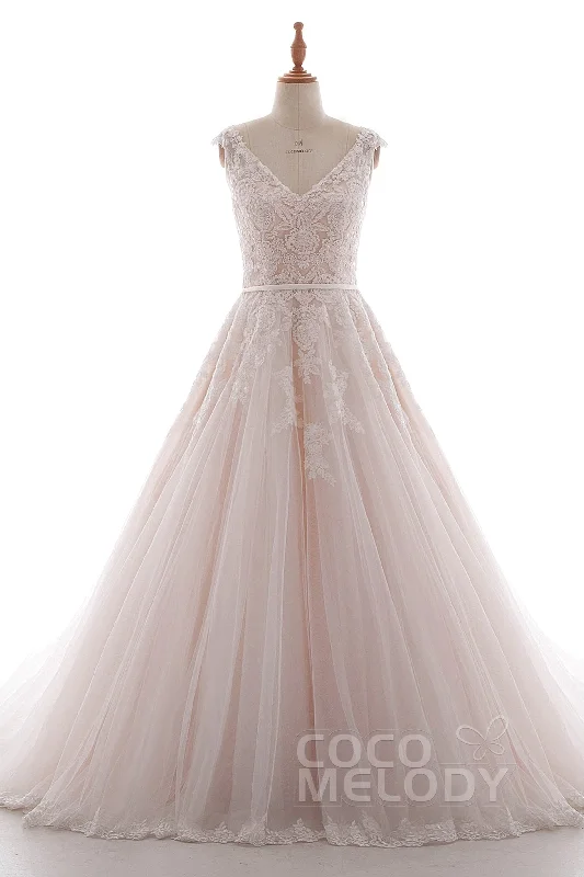 A-Line Court Train Lace and Tulle Wedding Dress LD4395