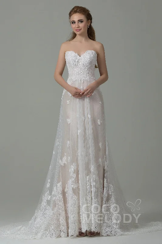 Sheath-Column Court Train Tulle Lace Wedding Dress CWZT15008