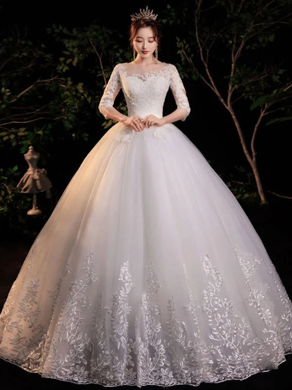 New Simple Wedding Dress Eric White Ball Gown Jewel Neck Half Sleeves Applique Long Bridal Dresses