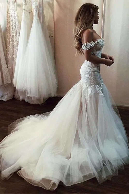 Off the Shoulder Mermaid Lace Long Tulle Wedding Dress