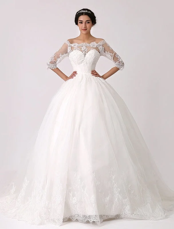 Off The Shoulder Princess Lace Wedding Dress With Illusion Neckline Exclusive