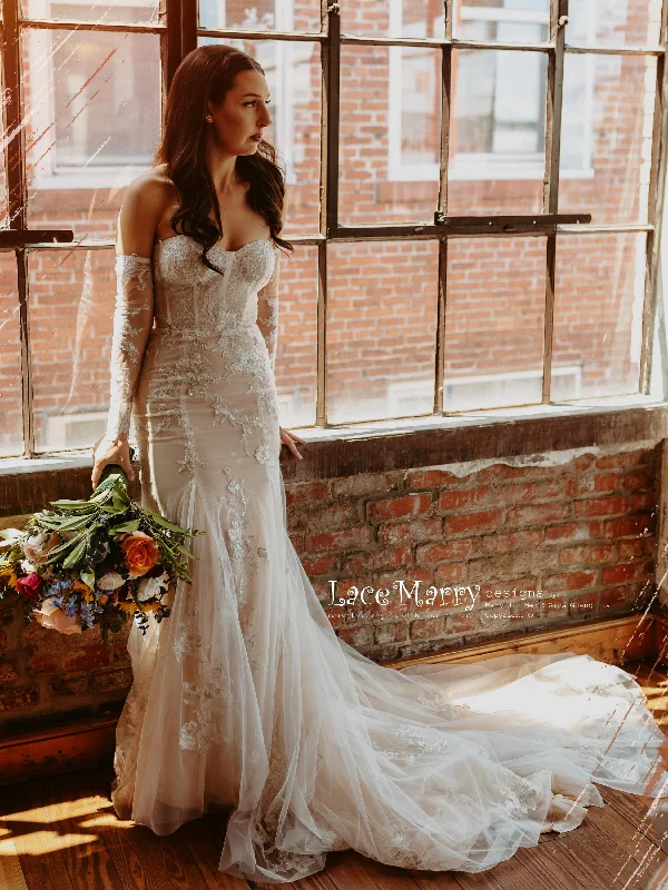 ROSALEEN / Strapless Wedding Dress with Long Removable Sleeves