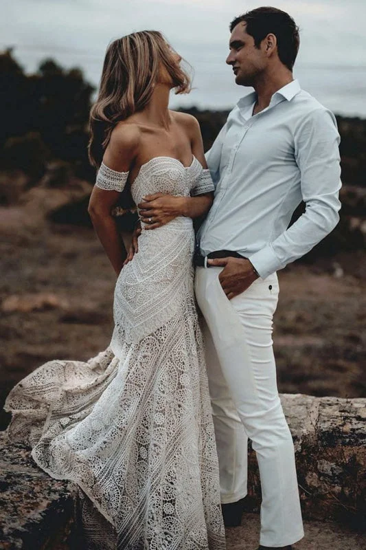 SD0369 Ivory Lace Beach Wedding Dresses Sweetheart Neck Rustic Boho Wedding Dresses