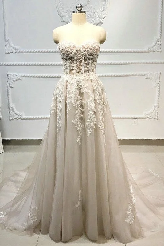 Strapless Lace-up Beaded Appliques A-line Wedding Dress