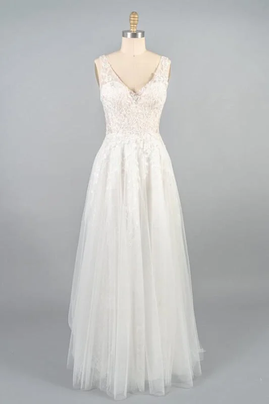 V-neck Appliques Tulle A-line Wedding Dress