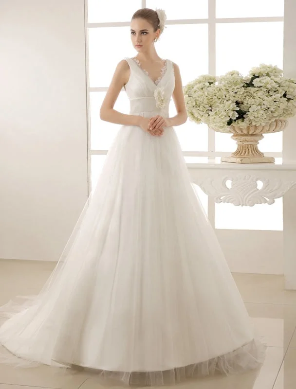 V-Neck Chapel Train Wedding Dress With Pearls Detailing