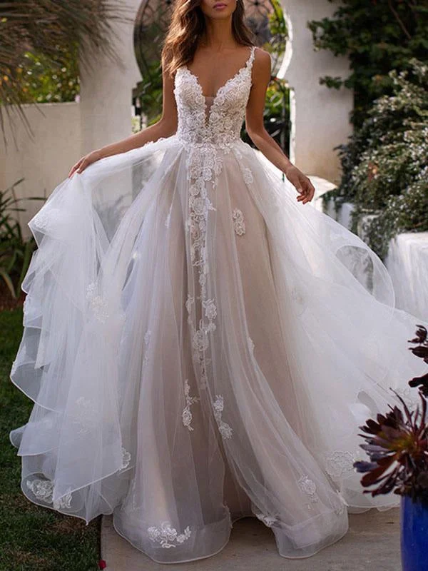 Wedding Dresses A Line V Neck Sleeveless Lace Appliqued Bridal Gowns With Train