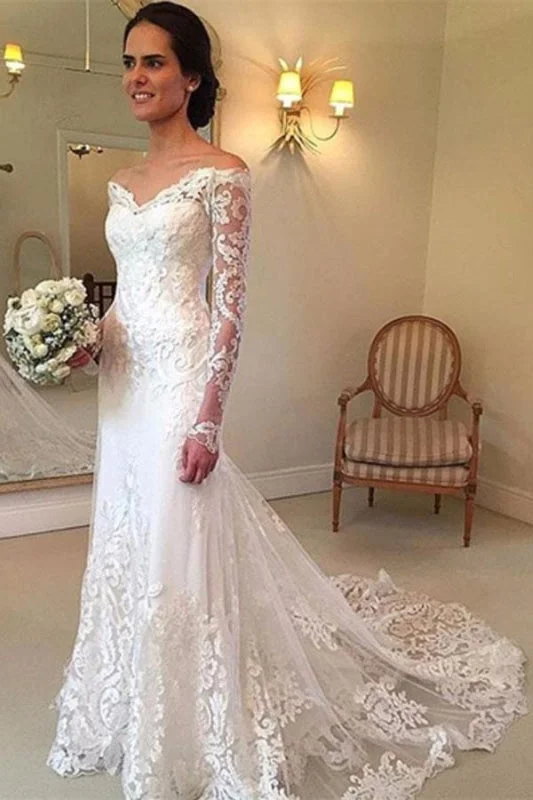 White Long Sleeves Off the Shoulder Mermaid Lace Beach Sexy Wedding Dress