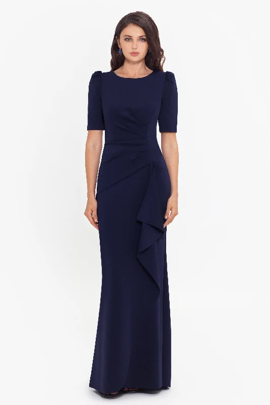 "Demi" 3/4 Sleeve Side Ruched Floor Length Gown