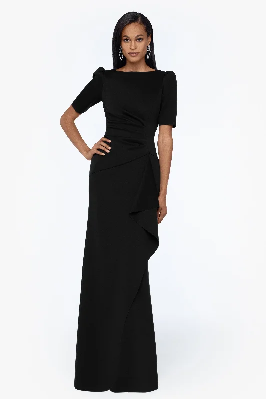 "Demi" 3/4 Sleeve Side Ruched Floor Length Gown