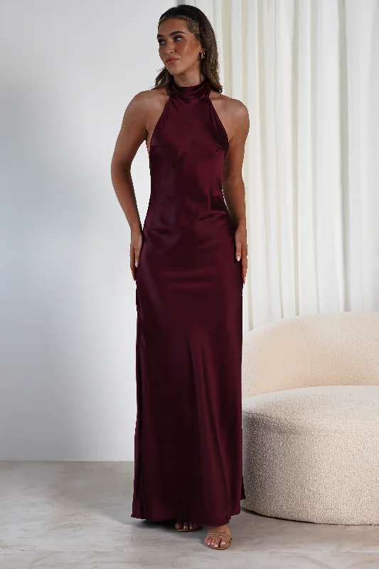 Dolce Soft Satin Halterneck Maxi Dress | Wine