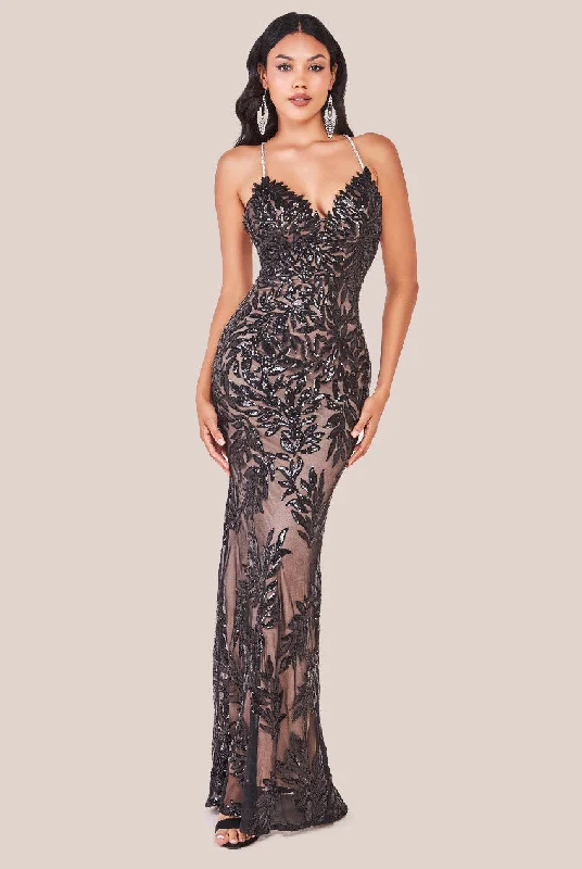 Goddiva Cross Back Diamante Strap Sequin Maxi - Black