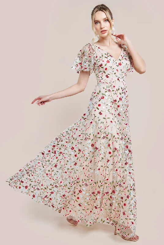 Flutter Sleeve Floral Embroidered Maxi - Nude by Goddiva