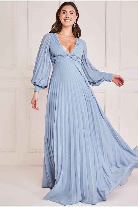 Goddiva Fully Pleated Chiffon Maxi Dress - Blue