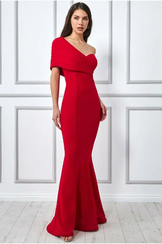 Goddiva One Shoulder Fan Maxi Dress - Red