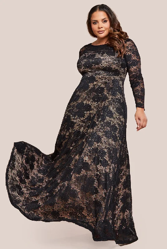 Goddiva Plus Scalloped Lace A-Line Maxi Dress - Black