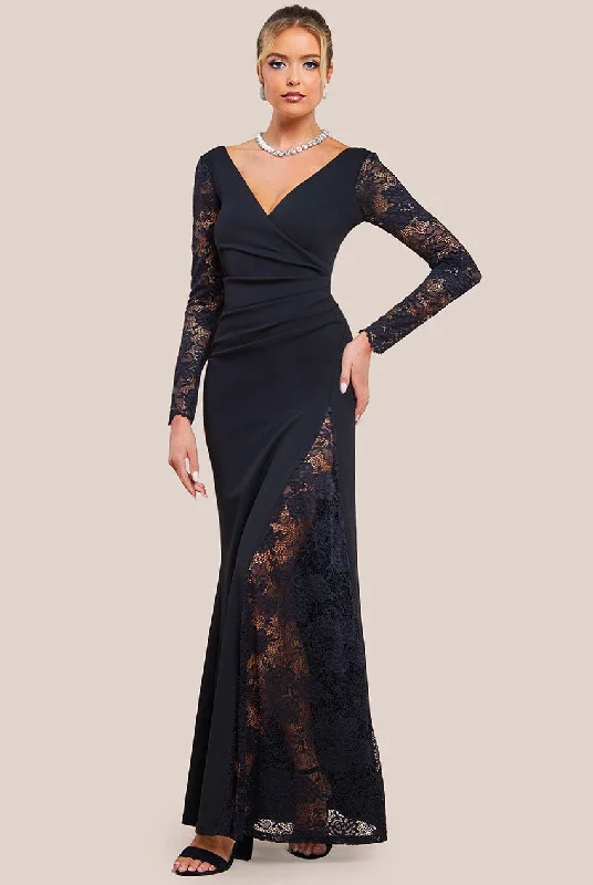 Goddiva Scuba & Lace Wrap Maxi Dress - Black